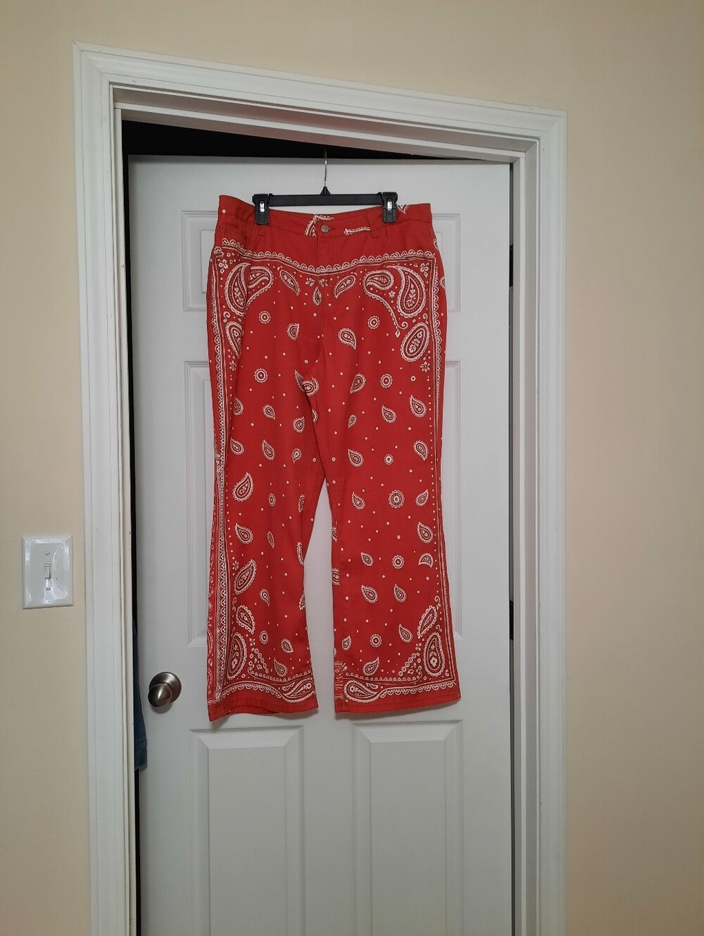 Red Paisley Bandana-Print Wide-Leg Jeans